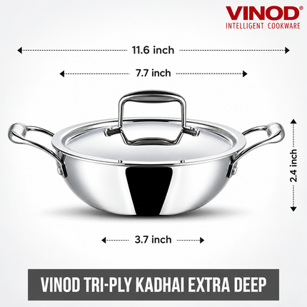 VINOD Platinum Tri-Ply Stainless Steel Kadai + Lid Kadhai 18cm 20cm 22cm 24cm 26cm Induction Gas Compatible Heavy Duty