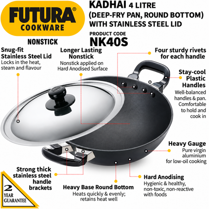 Hawkins Futura Non Stick Deep Fry Pan 2.5L 4L Hard Anodised Aluminium Pan + Lid