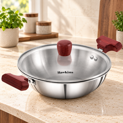 Hawkins Tri Ply Stainless Steel Kadai 1.5L 2.5L Deep Fry Pan Glass Lid GAS Induction Compatible