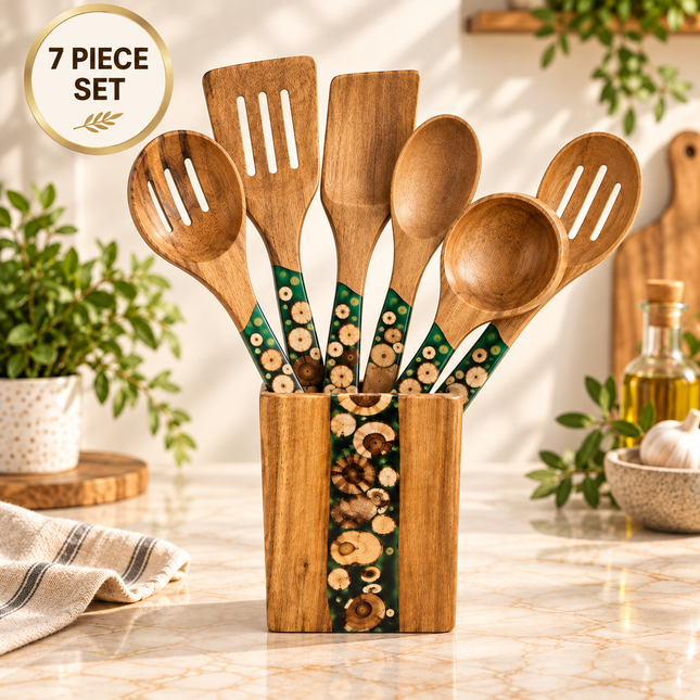 Natural Acacia Wooden Kitchen Utensils Individual or 5, 7, 8, 10 Piece Sets Cooking Slotted Spoon Flat Slotted Spatulas Salad Fork Holder