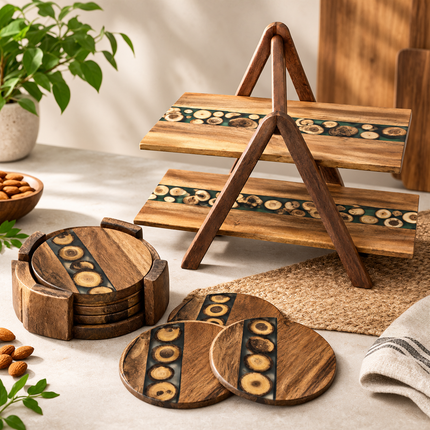 Acacia Wood Resin Serving Tray Coaster Set Wooden Display Platter Rustic Home Décor Handmade