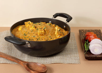 Vinod Black Pearl Hard Anodized Deep Kadai with Glass Lid Heavy Duty Aluminium Kadhai Gas & Induction Compatible Metal Spoon Safe Non-Stick Cooking | Sizes: 18cm, 20cm, 22cm, 24cm, 26cm