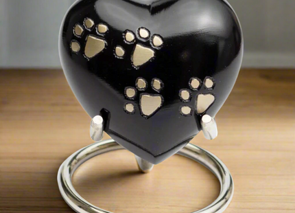 Royal Rapture Heart Urn with stand and velvet presentation box for pet memorial.