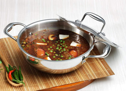 Vinod Platinum Triply Stainless Steel Deep Kadai with Lid Heavy Duty Tri-Ply SS Kadhai Induction & Gas Compatible Even Heat Distribution Mirror Finish | Sizes: 26cm, 28cm, 30cm