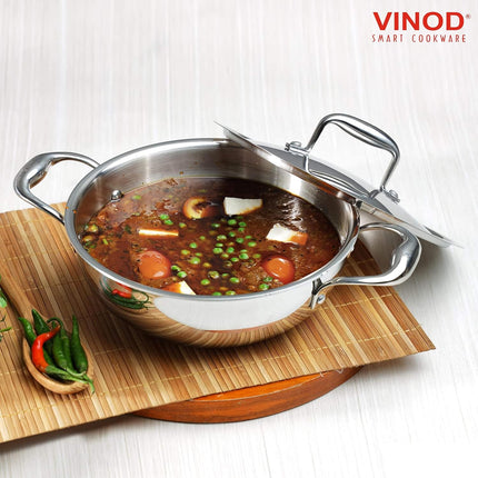 VINOD Platinum Triply Stainless Steel Deep Kadhai Kadai + Lid 26cm 28cm 30cm GAS Induction