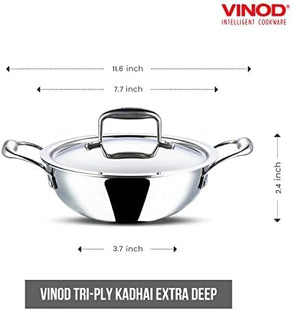 Vinod Platinum Triply Stainless Steel Kadai with Lid Heavy Duty Tri-Ply SS Kadhai Induction & Gas Compatible Even Heat Distribution Durable Mirror Finish | Sizes: 18cm, 20cm, 22cm, 24cm, 26cm