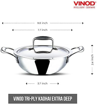 VINOD Platinum Tri-Ply Stainless Steel Kadai + Lid Kadhai 18cm 20cm 22cm 24cm 26cm Induction Gas Compatible Heavy Duty