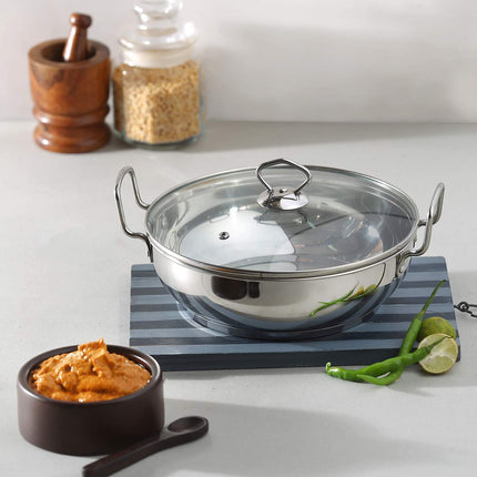 VINOD Stainless Steel Kadai + Glass Lid Deep Indian Kadhai Pan 18cm 20cm 24cm 26cm 30cm Heavy Duty Frying Curries  Stir Fry GAS Induction Compatible Cooking