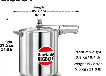 Hawkins Bigboy Pressure Cooker, 14 Litre, Silver BB14,BB18,BB22