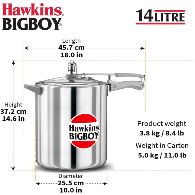 Hawkins Bigboy Pressure Cooker, 14 Litre, Silver BB14,BB18,BB22