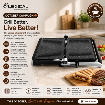 Lexical Germany Contact Grill | 2000W Sandwich Maker & Panini Press | 180° Open Grill | Touch Control | EU Plug