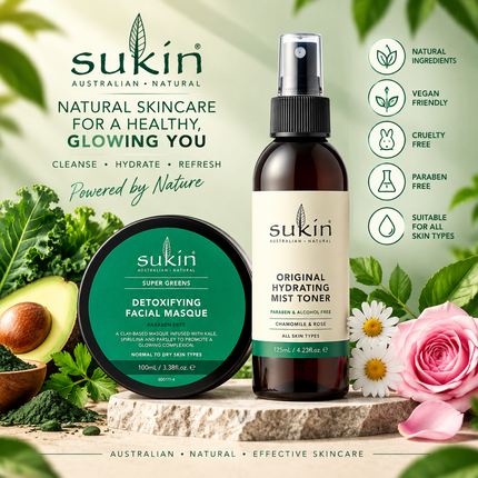 Sukin Super Greens detoxikační jílová pleťová maska 100ml, přírodní pleťová maska, hloubkové čištění a rozjasnění, s kustovnicí čínskou, avokádem a baobabem, veganské a netestováno na zvířatech
