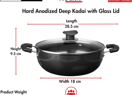 Vinod Black Pearl Hard Anodized Deep Kadai with Glass Lid Heavy Duty Aluminium Kadhai Gas & Induction Compatible Metal Spoon Safe Non-Stick Cooking | Sizes: 18cm, 20cm, 22cm, 24cm, 26cm