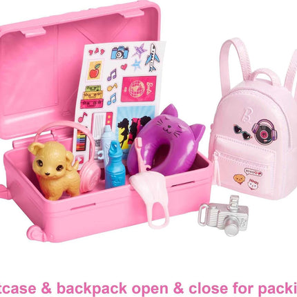 Barbie Chelsea Travel Set – Small Doll with Puppy, Pet Carrier, Opening Backpack & 6 Accessories (Brunette/Red Hair) – HJY18