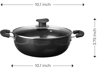 Vinod Black Pearl Hard Anodized Deep Kadai with Glass Lid Heavy Duty Aluminium Kadhai Gas & Induction Compatible Metal Spoon Safe Non-Stick Cooking | Sizes: 18cm, 20cm, 22cm, 24cm, 26cm