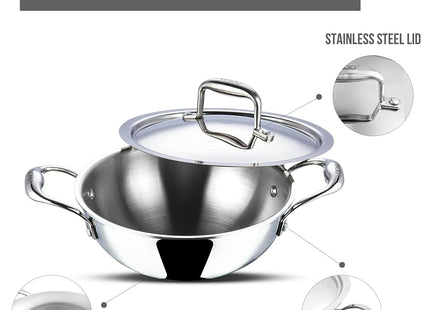 Vinod Platinum Triply Stainless Steel Kadai with Lid Heavy Duty Tri-Ply SS Kadhai Induction & Gas Compatible Even Heat Distribution Durable Mirror Finish | Sizes: 18cm, 20cm, 22cm, 24cm, 26cm