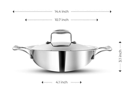 Vinod Platinum Triply Stainless Steel Deep Kadai with Lid Heavy Duty Tri-Ply SS Kadhai Induction & Gas Compatible Even Heat Distribution Mirror Finish | Sizes: 26cm, 28cm, 30cm