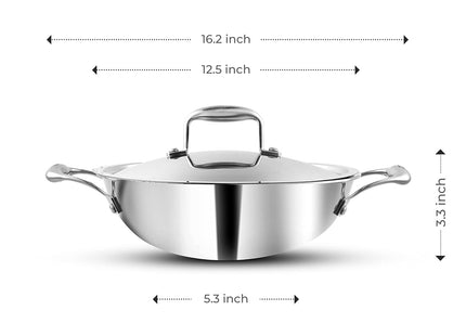 Vinod Platinum Triply Stainless Steel Deep Kadai with Lid Heavy Duty Tri-Ply SS Kadhai Induction & Gas Compatible Even Heat Distribution Mirror Finish | Sizes: 26cm, 28cm, 30cm