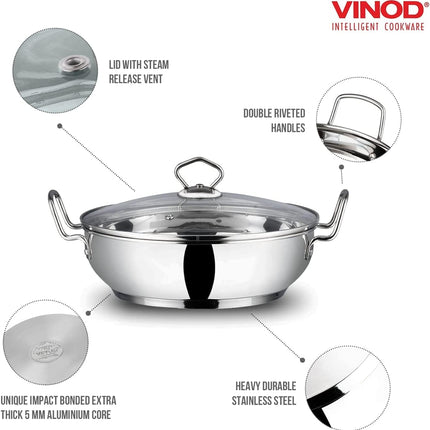 VINOD Stainless Steel Kadai + Glass Lid Deep Indian Kadhai Pan 18cm 20cm 24cm 26cm 30cm Heavy Duty Frying Curries  Stir Fry GAS Induction Compatible Cooking