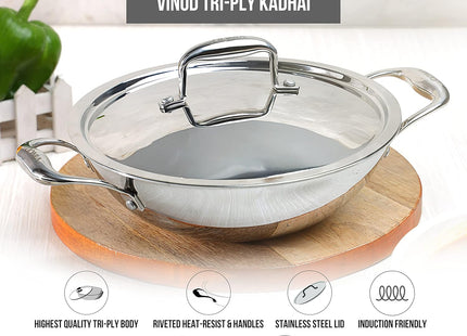 Vinod Platinum Triply Stainless Steel Kadai with Lid Heavy Duty Tri-Ply SS Kadhai Induction & Gas Compatible Even Heat Distribution Durable Mirror Finish | Sizes: 18cm, 20cm, 22cm, 24cm, 26cm