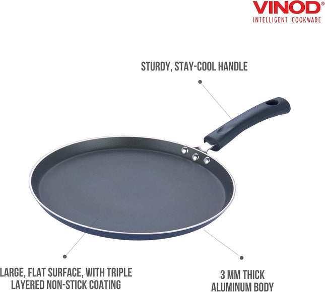 Vinod nepřilnavý Dosa Tawa (pánev) s indukčním dnem, hliníková plochá pánev kompatibilní s plynem a indukcí, povrch odolný proti poškrábání, rovnoměrný ohřev | Velikosti: 25cm, 28cm, 30cm