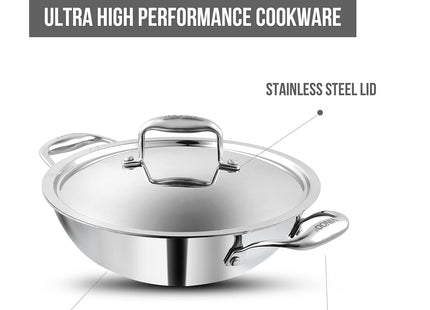 Vinod Platinum Triply Stainless Steel Deep Kadai with Lid Heavy Duty Tri-Ply SS Kadhai Induction & Gas Compatible Even Heat Distribution Mirror Finish | Sizes: 26cm, 28cm, 30cm