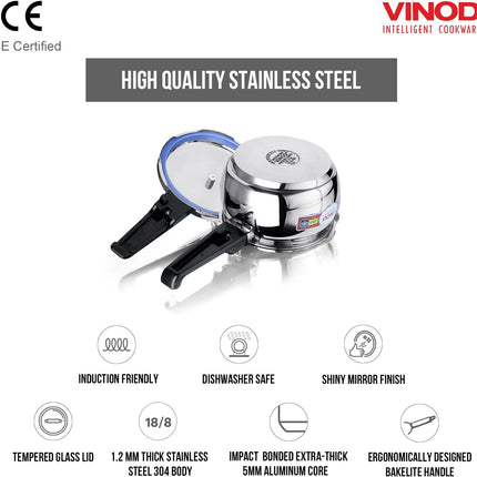 VINOD Stainless Steel Handi Pressure Cooker  Glass Lid 1.5L 2.5L 3.5L 5.5L GAS Induction Compatible