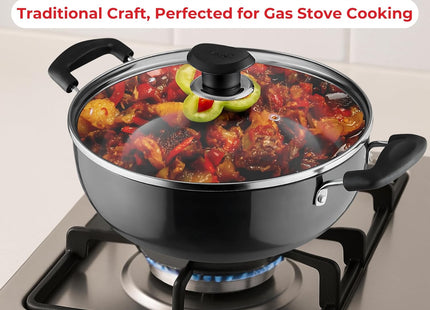 Vinod Black Pearl Hard Anodized Deep Kadai with Glass Lid Heavy Duty Aluminium Kadhai Gas & Induction Compatible Metal Spoon Safe Non-Stick Cooking | Sizes: 18cm, 20cm, 22cm, 24cm, 26cm
