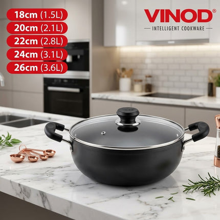 VINOD Hard Anodized Aluminium Cookware Pan + Glass Lid 18cm 20cm 22cm 24cm 26cm Stove Compatible Kitchen Cookware Durable Cooking  Curry Rice Everyday Meals
