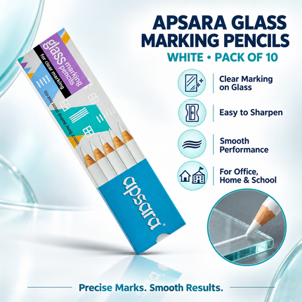 Apsara Glass Marking Pencils Pack of 10 White OR Blue Marking for Glass, Metal, Leather & Smooth Surfaces ,Clear Smooth & Precise Marking