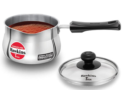 HAWKINS 1 , 1.5 , 2 Litre Stainless Steel TPan with Glass Lid Induction Saucepan Steel Utensil Silver