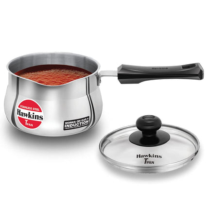 Hawkins Stainless Steel TPan 1L 1.5L 2L Saucepan with Glass Lid for Induction and Gas