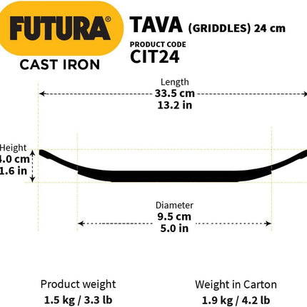 Hawkins Futura Cast Iron Tawa 24cm Pre Seasoned Naturally Non Stick Roti Chapati Griddle