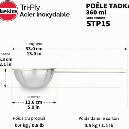 Hawkins 1,5 šálku pánev Tadka, nerezová ocel Triply 360 ml, indukční pánev, stříbrná (STP15)