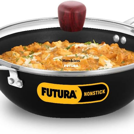 Hawkins Futura 2.5L Non Stick Deep Kadhai Glass Lid Induction Gas Compatible
