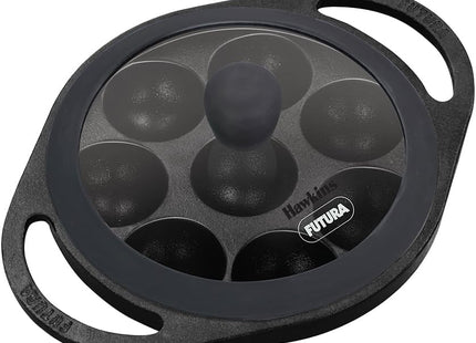Hawkins Futura Cast Iron Appe Pan (Paniyaram Pan), 16 cm, 8 Cups, with Glass Lid, Black