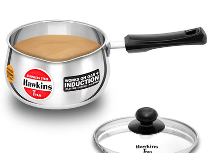 HAWKINS 1 , 1.5 , 2 Litre Stainless Steel TPan with Glass Lid Induction Saucepan Steel Utensil Silver