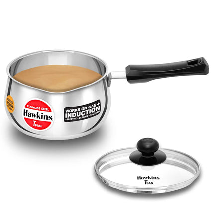 Hawkins Stainless Steel TPan 1L 1.5L 2L Saucepan with Glass Lid for Induction and Gas