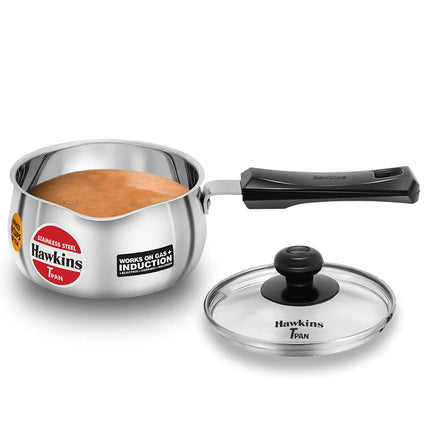 Hawkins Stainless Steel TPan 1L 1.5L 2L Saucepan with Glass Lid for Induction and Gas