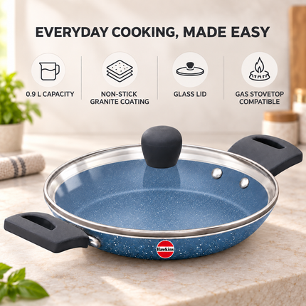 Hawkins Non Stick Appachatty 0.9L Mini Kadhai Granite Coated Pan + Glass Lid