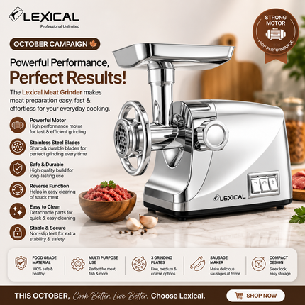 Lexical Germany 2000W Electric Meat Grinder | 2 Speeds | 3 Grinding Plates | Sausage & Kibbeh Maker | EU Plug