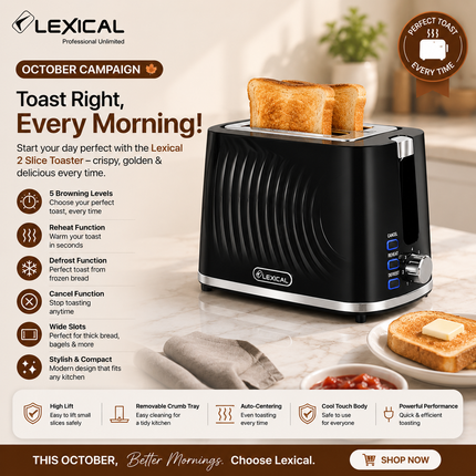 Lexical Germany 2-Slice Toaster | 900W Bread Toaster | 7 Browning Levels | EU Plug