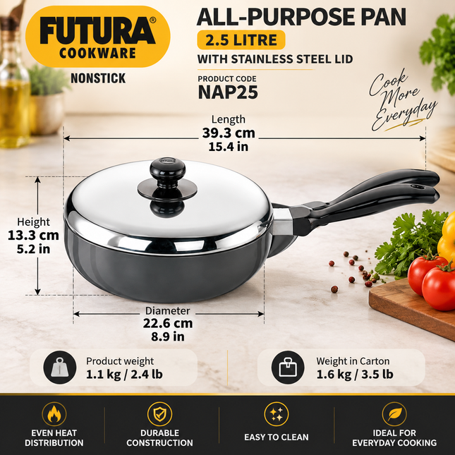 Hawkins Futura Non Stick All Purpose Pan Lid Hard Anodised Aluminium Deep Frying Pan 2.5L 3L Sautéing Stir