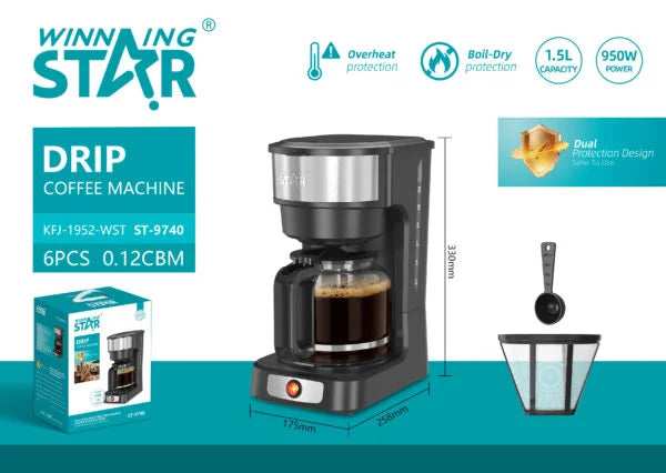 Winning Star Automatic Coffee Machines Collection | Drip Coffee Machine 1.5L / up to 12 cups 950W EU Plug Silver, Drip Coffee Machine 1.5L / up to 12 cups 950W UK Plug Silver | Models ST-9740, ST-9740 | Espresso Maker | Coffee Maker | Cappuccino...
