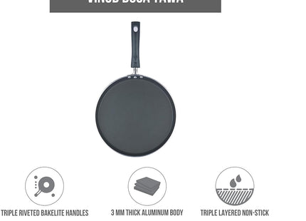 Vinod Non-Stick Dosa Tawa (Griddle) with Induction Base Aluminium Flat Tawa Gas & Induction Compatible Scratch Resistant Coating Even Heating | Sizes: 25cm, 28cm, 30cm