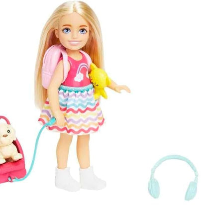Barbie Chelsea Travel Set – Small Blonde Doll with Puppy, Pet Carrier, Opening Backpack & 6 Travel Accessories – HJY17