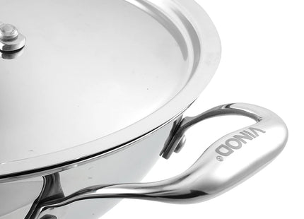 Vinod Platinum Triply Stainless Steel Kadai with Lid Heavy Duty Tri-Ply SS Kadhai Induction & Gas Compatible Even Heat Distribution Durable Mirror Finish | Sizes: 18cm, 20cm, 22cm, 24cm, 26cm