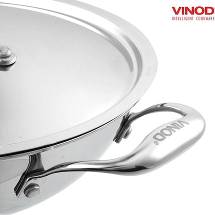 VINOD Platinum Tri-Ply Stainless Steel Kadai + Lid Kadhai 18cm 20cm 22cm 24cm 26cm Induction Gas Compatible Heavy Duty