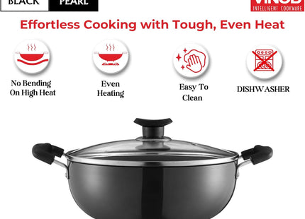 Vinod Black Pearl Hard Anodized Deep Kadai with Glass Lid Heavy Duty Aluminium Kadhai Gas & Induction Compatible Metal Spoon Safe Non-Stick Cooking | Sizes: 18cm, 20cm, 22cm, 24cm, 26cm