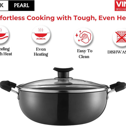 VINOD Hard Anodized Aluminium Cookware Pan + Glass Lid 18cm 20cm 22cm 24cm 26cm Stove Compatible Kitchen Cookware Durable Cooking  Curry Rice Everyday Meals
